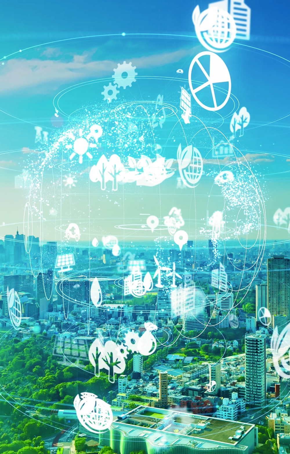 a fictional depiction of sustainable icons against a city background in blue, green and white colors