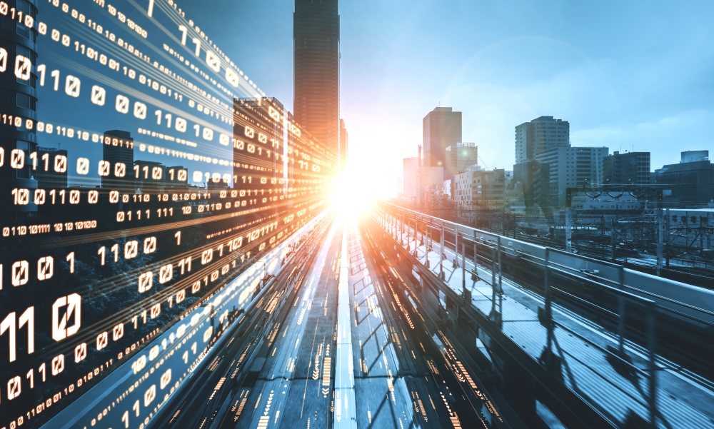 Highway with high walls of stock market figures pointing to a distant horizon where the sun is shining