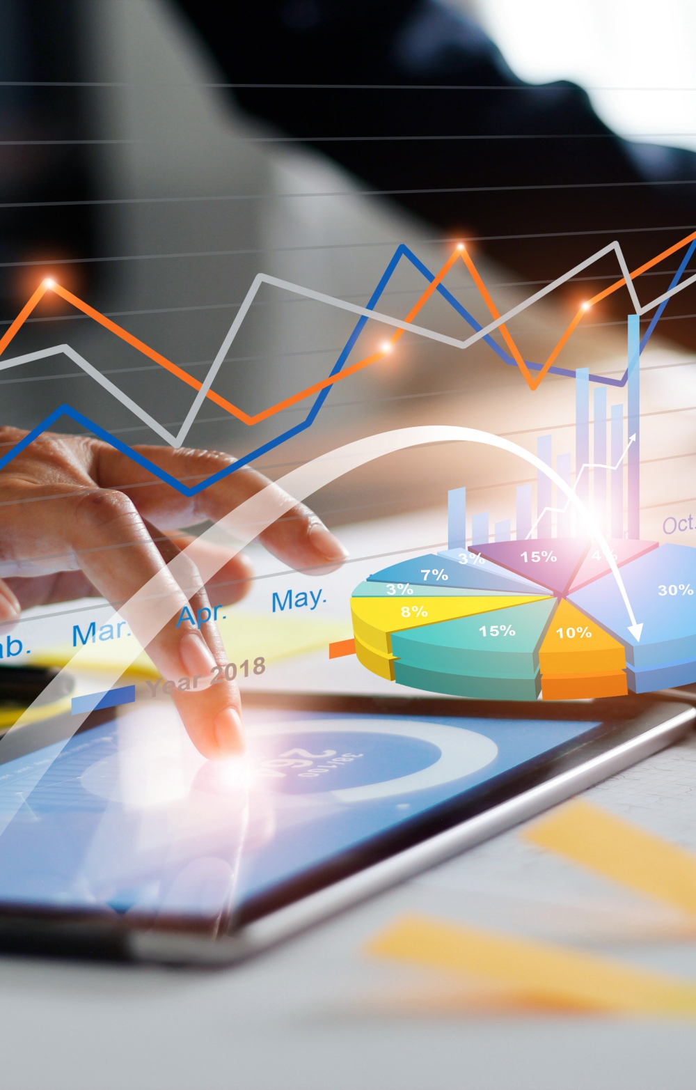 fingers on a the screen of an ipad against a fancy virtual background showing colorful charts